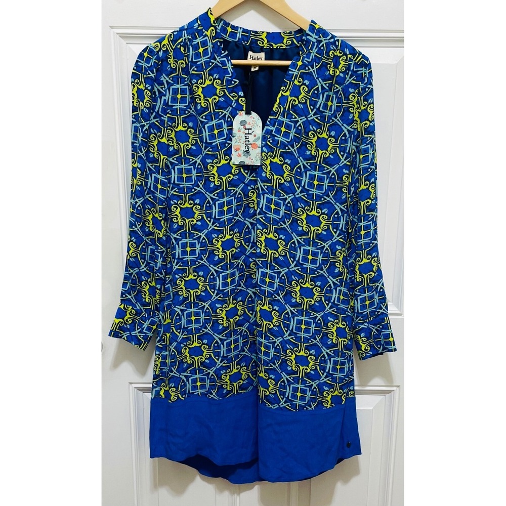 Hatley Print Dress V-Neck Long Sleeve Casual Blue Yellow Size S